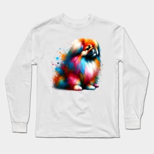 Pekingese Dog in Vivid Splashed Paint Style Long Sleeve T-Shirt